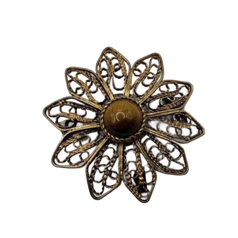 Vintage Sterling Filigree Brooch with Tigers Eye Cabochon